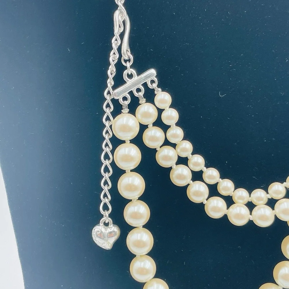 Carol Lee Triple Strand Faux Pearl Necklace‎ Ivory Silver Tone Heart Charm 16in